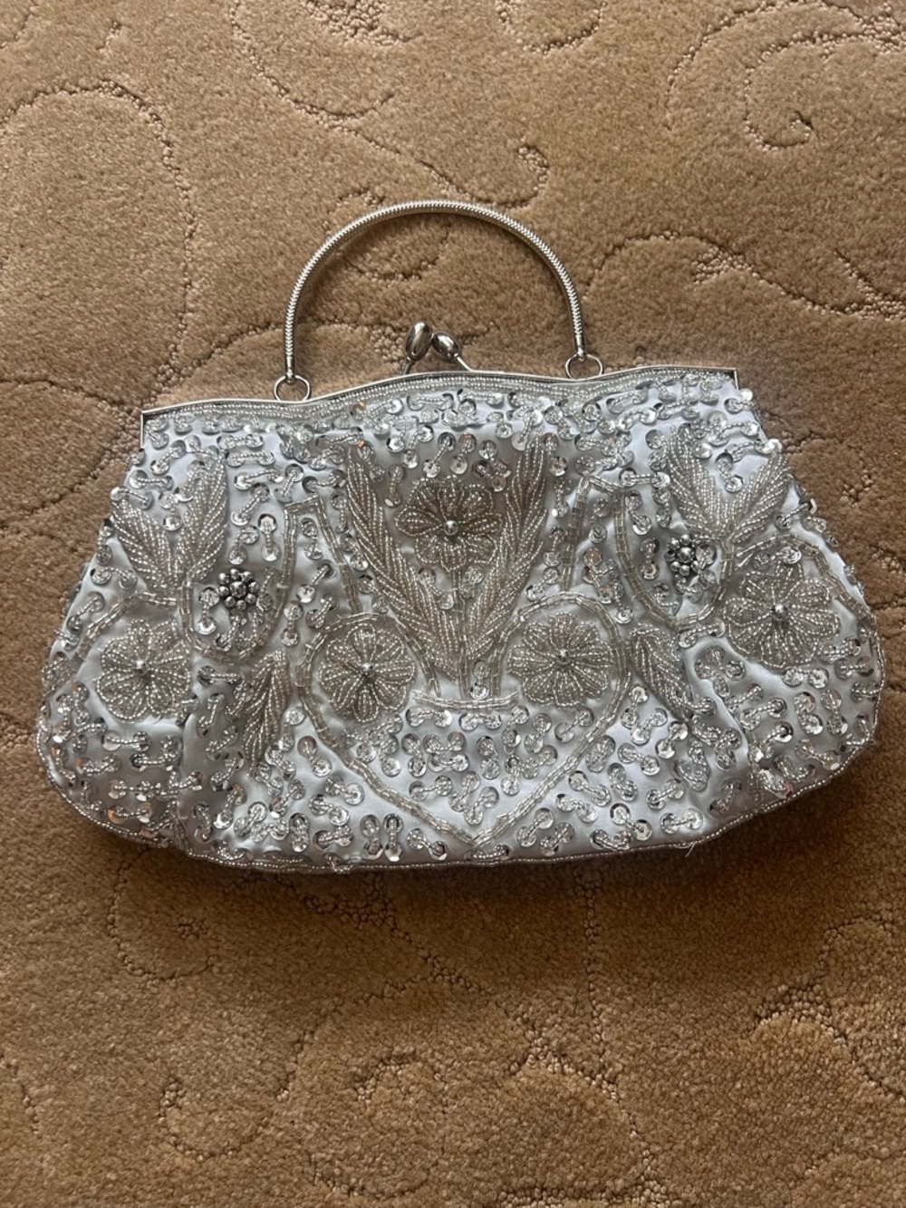 Silver Beaded Evening Clutch with Top Handle